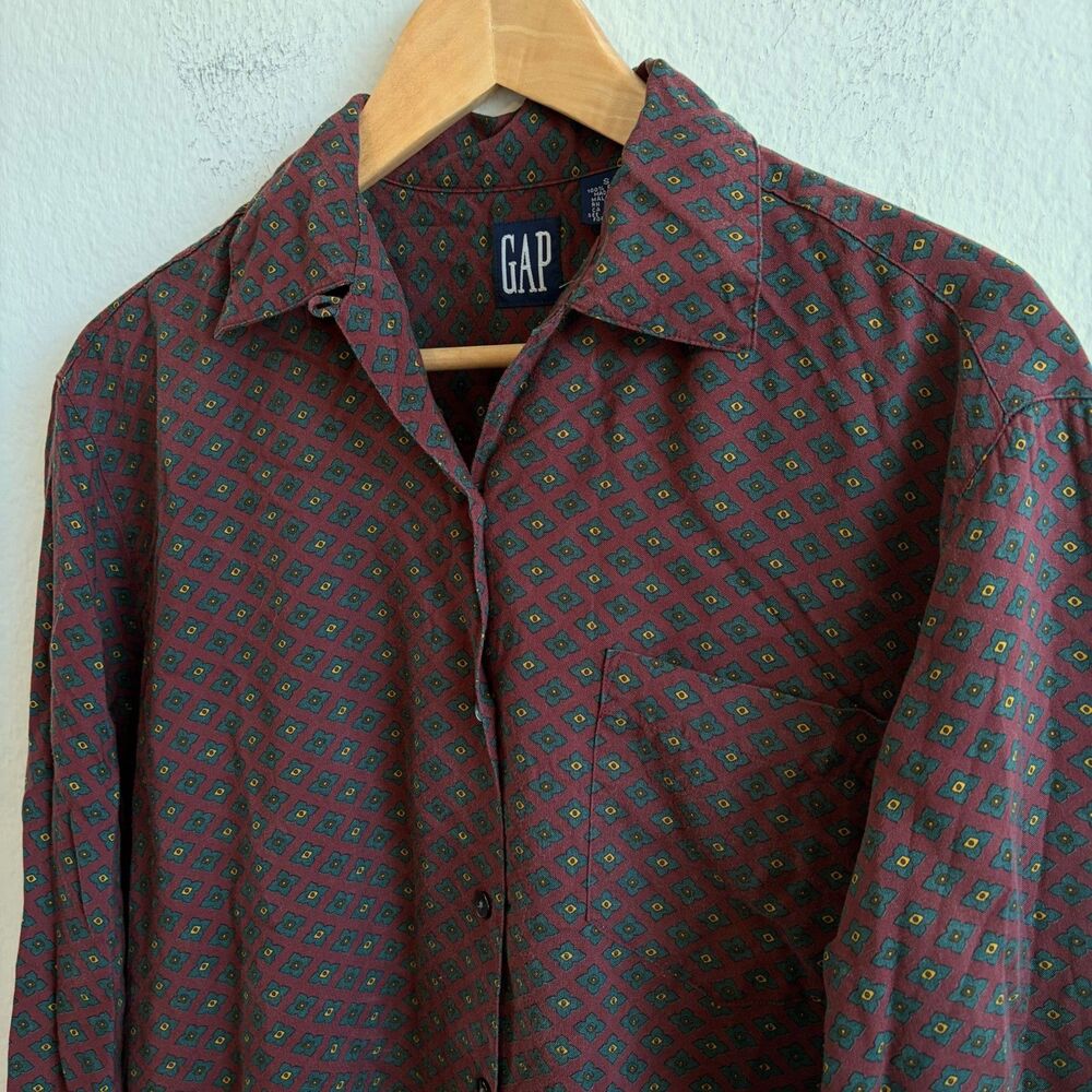 GAP Vintage 90s Burgundy Floral Long Sleeve Button Down Shirt Mens Small Retro